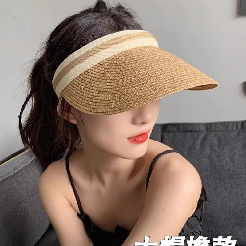 Women Summer Empty Top Sun Hat Female Outdoor Visor Cap Casual Shade Hat Straw Wide Large Brim Beach Sunhat Lady