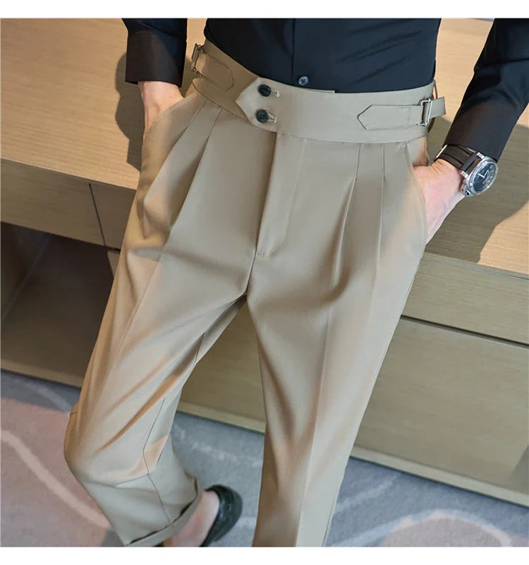 British Style Autumn New High Waist Trousers Men Belt Design Slim Fit Suit Pants Office Social Wedding Party Formal Pants Hommes