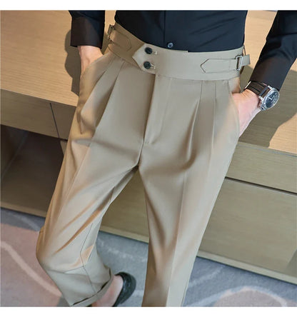 British Style Autumn New High Waist Trousers Men Belt Design Slim Fit Suit Pants Office Social Wedding Party Formal Pants Hommes