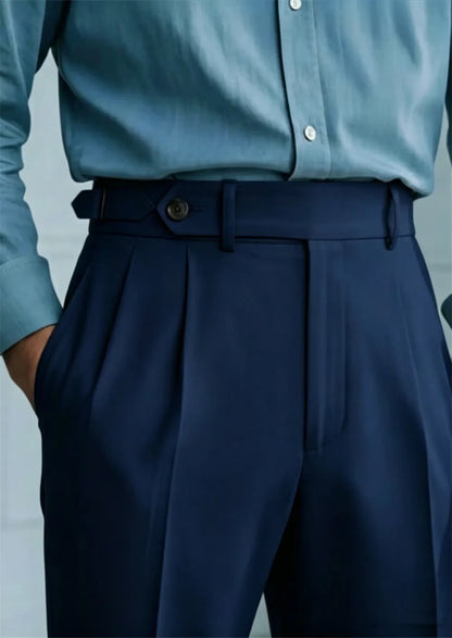 Men’s Beige High Waist Pleated Trousers Tailored Dress Pants with Side Adjusters Vintage Old Money Style