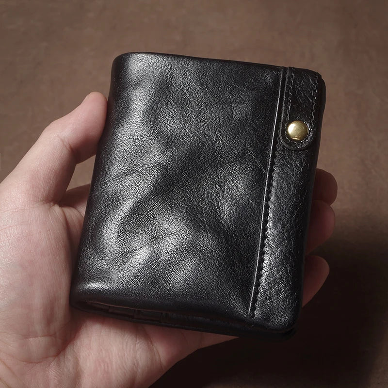 Retro Genuine Leather Short Wallet Men and Women Bifold Money Clip Credit Card Holder with Zipper Coin Pocket Small Purse