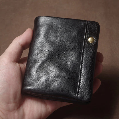 Retro Genuine Leather Short Wallet Men and Women Bifold Money Clip Credit Card Holder with Zipper Coin Pocket Small Purse