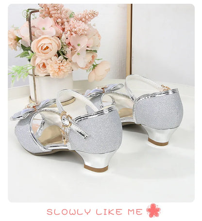 Girls Princess Sandals Summer Open-toe Elegant Children High Heels Fashion Sequins Crown Kids Causal Glitter Wedding Dress Shoes
