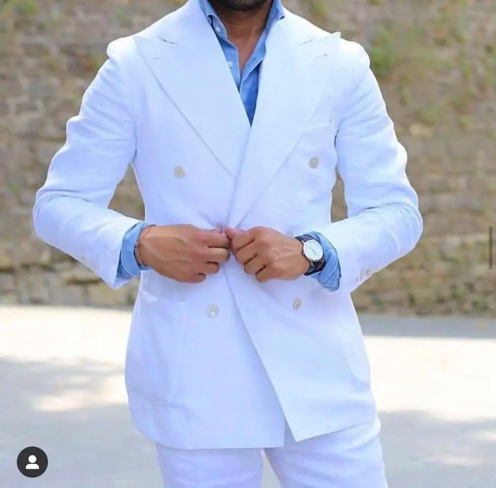 White Double Breasted Suit Slim Fit 2 Pcs Costume Homme Groom Tuxedo Wedding Suits Party Blazer Terno Masculino Jacket+Pant
