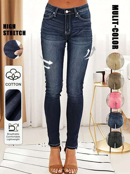 Women's Fashionable Elegant Casual Versatile Washed Cat's Whisker Pattern Skinny Fit Denim Jeans for Daily Wear