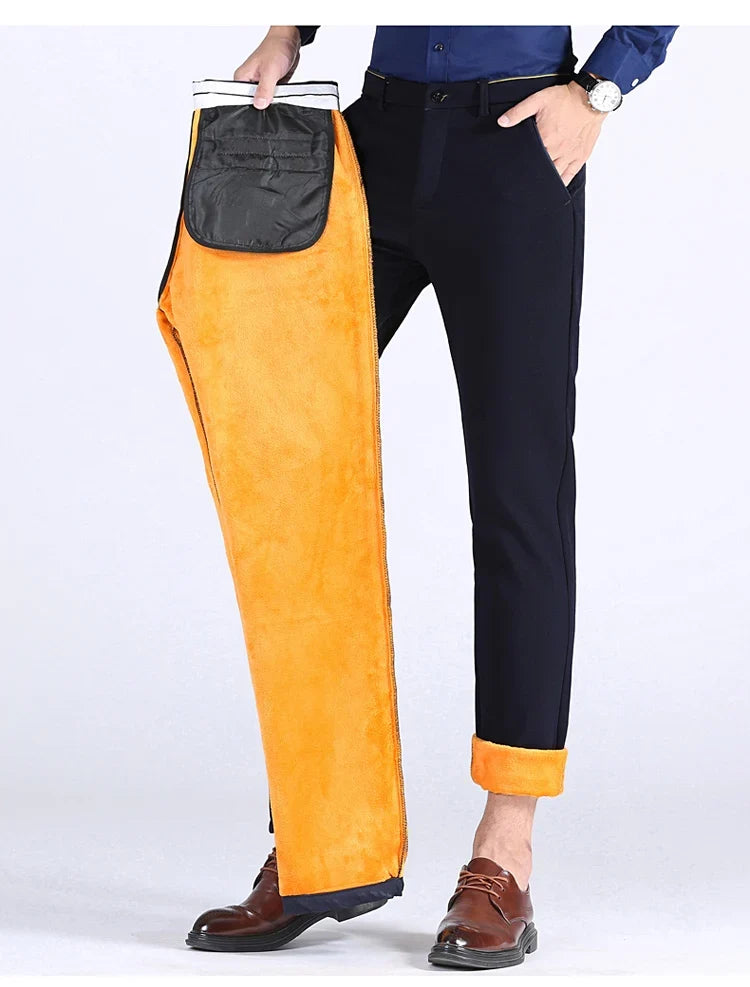 2025 Winter New Thickened Straight Slim Warm Business Casual Office Male Velvet Trousers Classic Men's Fleece Casual Pants