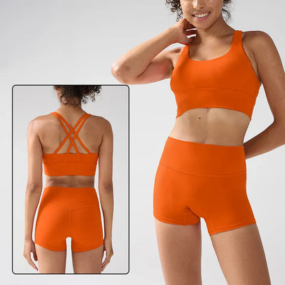 2 Pieces Solid Color Women Gym Yoga Set Cycling Short Legging Cross Sport Bra Tracksuit Suit Comprehensive Training Jog Athletic
