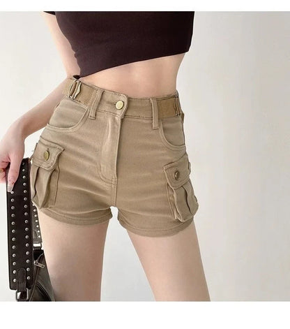 Women Military Green Denim Cargo Shorts Summer High Waisted Loose Wide Leg Y2K Hot Girl Casual Short Pants with Pockets