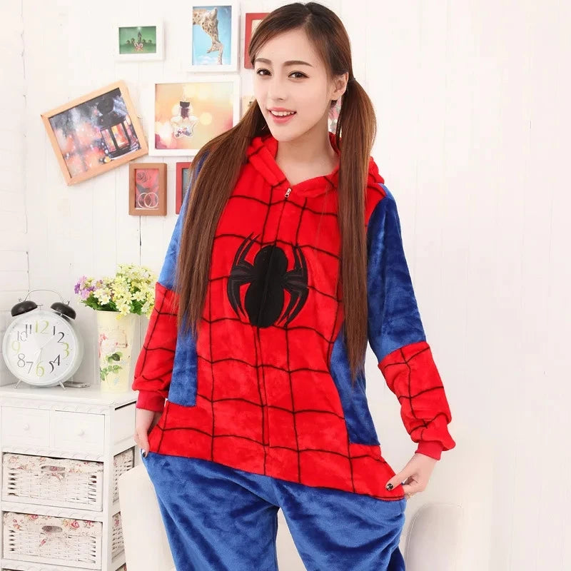 Spider Man Costume Pajamas Adult Spiderman Cosplay Costume Nightgown Home Flanne Hooded Sleepwear Jumpsuit Pajamas for Women Men