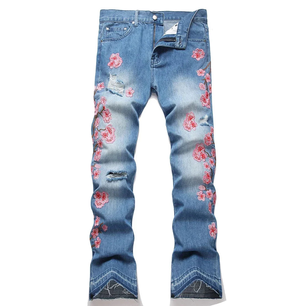 Men Sakura Embroidery Denim Jeans Streetwear Boot Cut Pants Released Hem Flared Trousers with Ripped And Cherry Blossom Design
