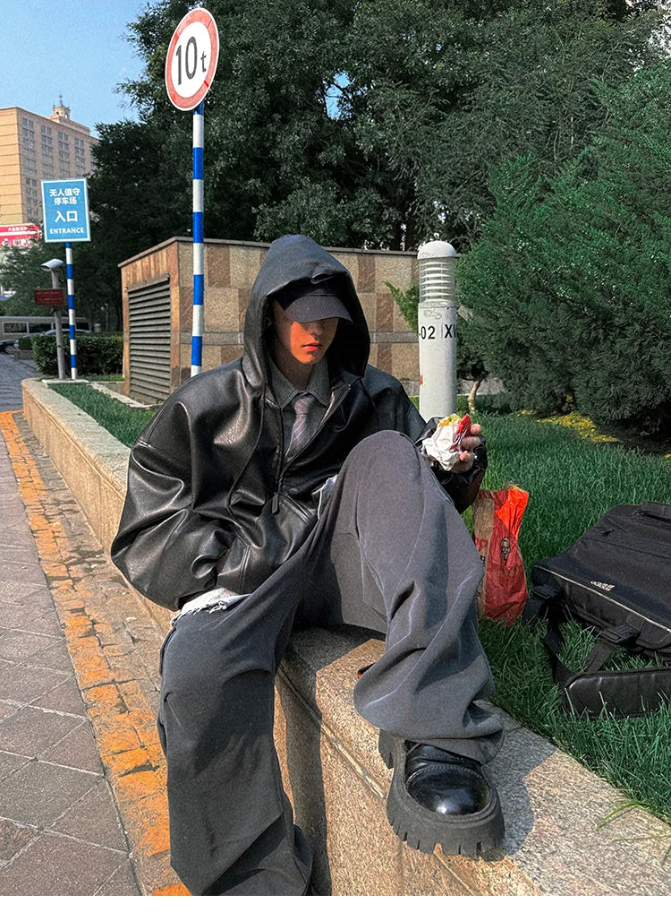 Spring Autumn Short Oversized Black Soft Pu Leather Jacket Men with Hood Zipper Loose Casual Korean Fashion Clothes