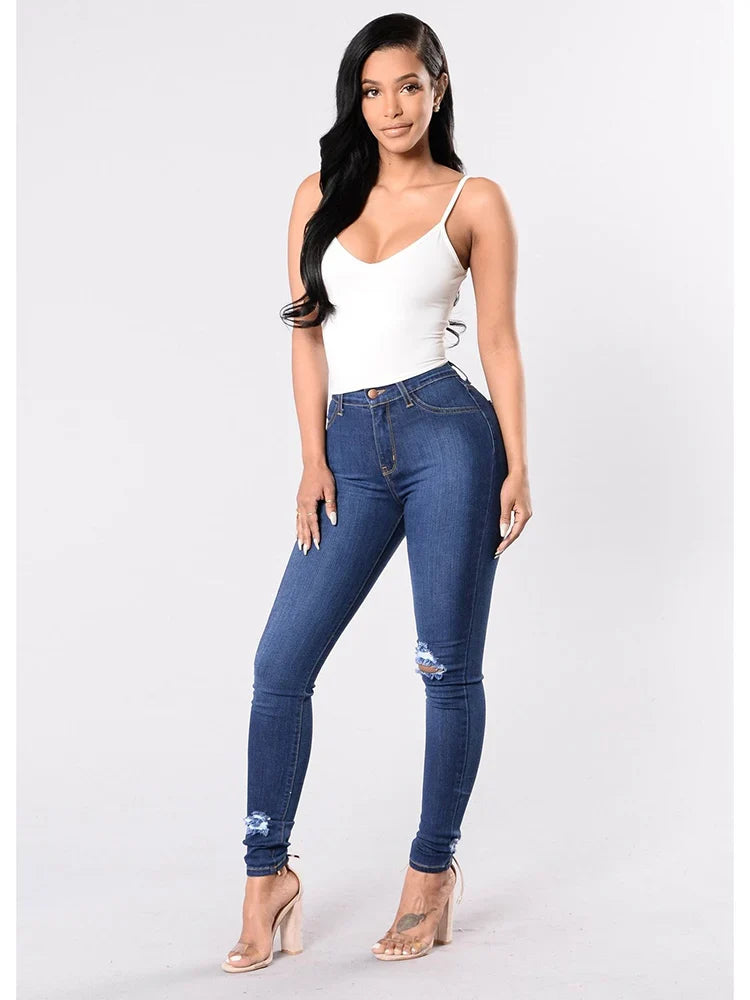 2024 Women Stretch Skinny Ripped Jeans Lady High Waist Pencil Long Pants Narrow Straight Leg Wrap Hips Plus Size S-3XL Trousers