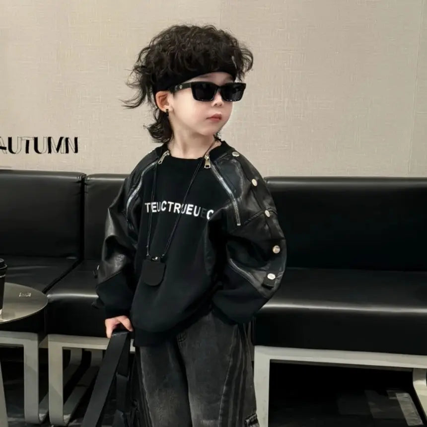 Kids Boys Spring Autumn Winter Letter Top Jeans Set Korean Zipper Leather Patchwork Hoodie Wide Leg Denim Overalls 2pcs Set