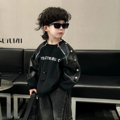 Kids Boys Spring Autumn Winter Letter Top Jeans Set Korean Zipper Leather Patchwork Hoodie Wide Leg Denim Overalls 2pcs Set