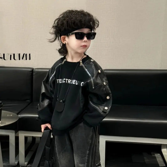 Kids Boys Spring Autumn Winter Letter Top Jeans Set Korean Zipper Leather Patchwork Hoodie Wide Leg Denim Overalls 2pcs Set