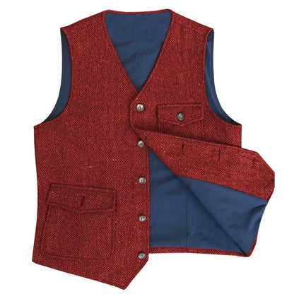 Men Vest Dark Green Herringbone Single Button V Neck Pocket Waistcoat For Wedding Party Business Work Daily Casual Men Suit Vest