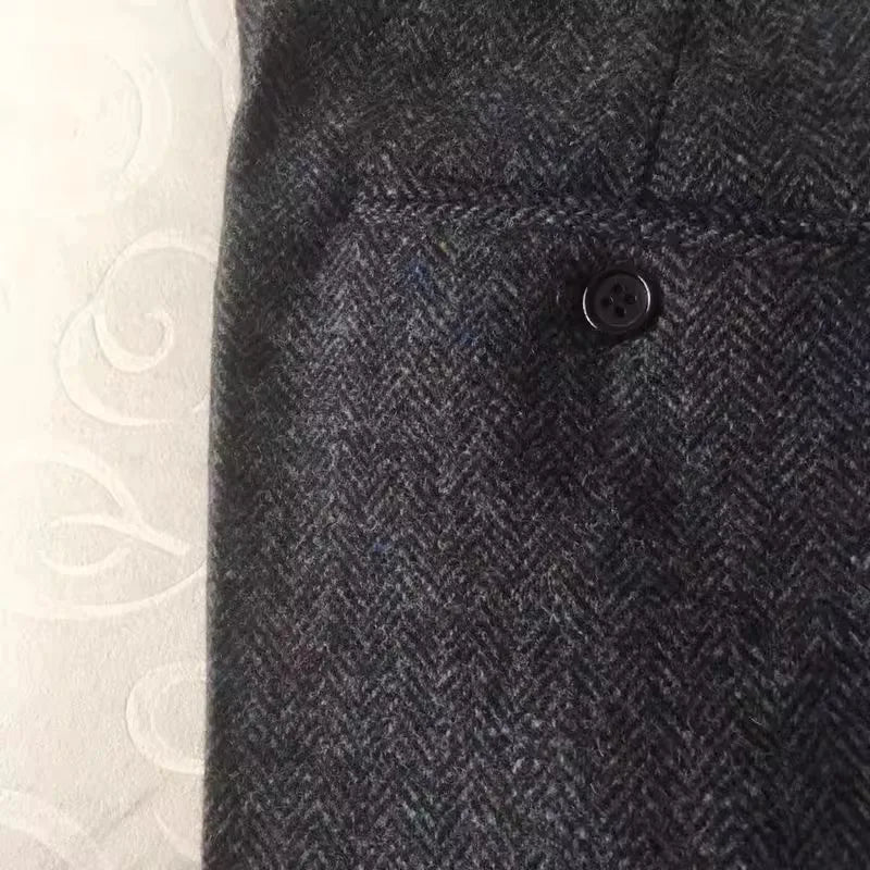 American-Style Retro Tweed High-Waisted Herringbone Wool Casual Straight-Leg Men's Trousers for Autumn and Winter in Large Sizes