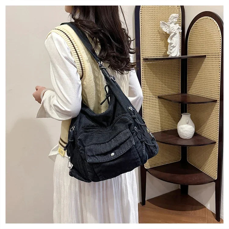 Solid Color Denim Trendy Shoulder Bag for 2025 High Quality Fashion Zipper Large Capacity Versatile Women's Crossbody Bag