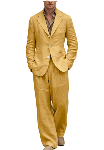 Men's Linen Suit 2 Pieces Set Casual Blazer & Wide Leg Pants Notch Lapel Breathable Wedding Business Party Jacket Tuxedo Summer