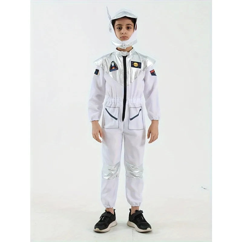 Boy's Cartoon Astronaut Cosplay Costume, Halloween Dress Up One-piece Jumpsuit & Hat, Kid's Dress Up Outfit For Carnival Party