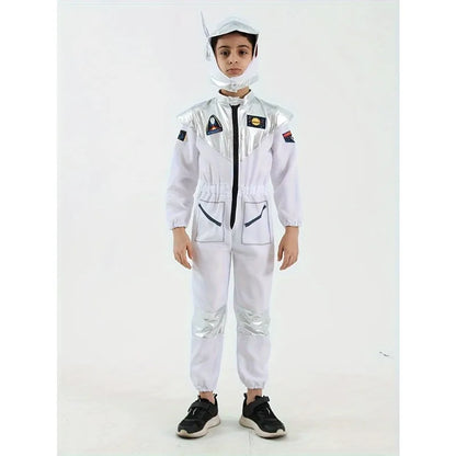 Boy's Cartoon Astronaut Cosplay Costume, Halloween Dress Up One-piece Jumpsuit & Hat, Kid's Dress Up Outfit For Carnival Party