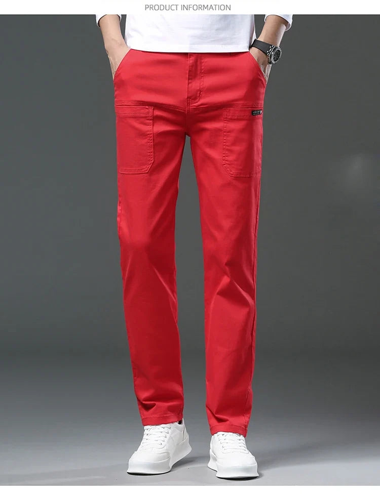 Spring and Autumn Men's Multi-Pocket Design Jeans Fashionable and Versatile White Khaki Red Comfortable Stretch Denim Pants
