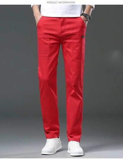 Spring and Autumn Men's Multi-Pocket Design Jeans Fashionable and Versatile White Khaki Red Comfortable Stretch Denim Pants