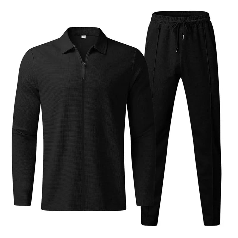 2024 men's new waffle long-sleeved lapel zipper cardigan casual sports suit