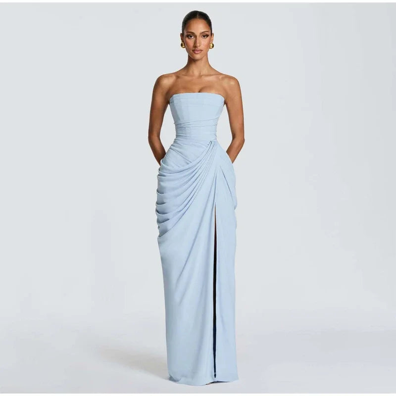 Women Strapless Pleated Long Dress Elegant Solid Split Sleeveless Backless High Waist Slim Fit Maxi Dresses 2026 Lady Party Robe