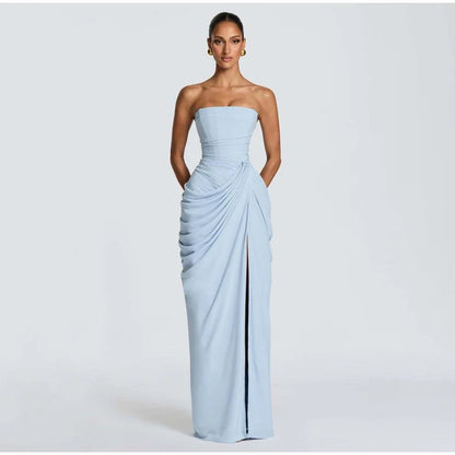 Women Strapless Pleated Long Dress Elegant Solid Split Sleeveless Backless High Waist Slim Fit Maxi Dresses 2026 Lady Party Robe