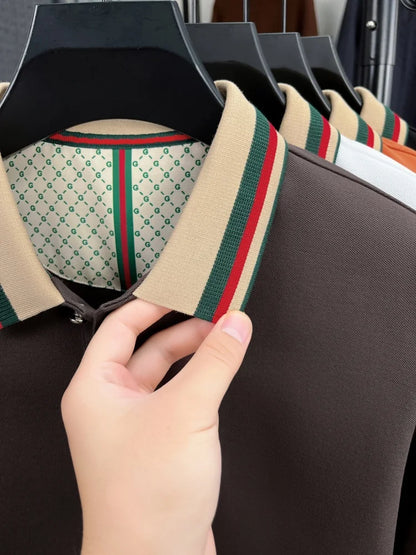 Luxury advanced  brand men long sleeve polo shirt unique stripe color blocked lapel fashion letter embroidery casual new T-shirt