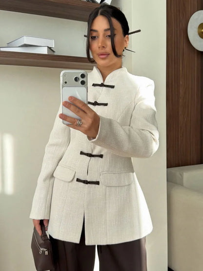 Women's Spring Summer Mandarin Collar Frog Button Tweed Fitted Blazer Elegant Casual Office Wear 2026 Trendy Fashion Blazer