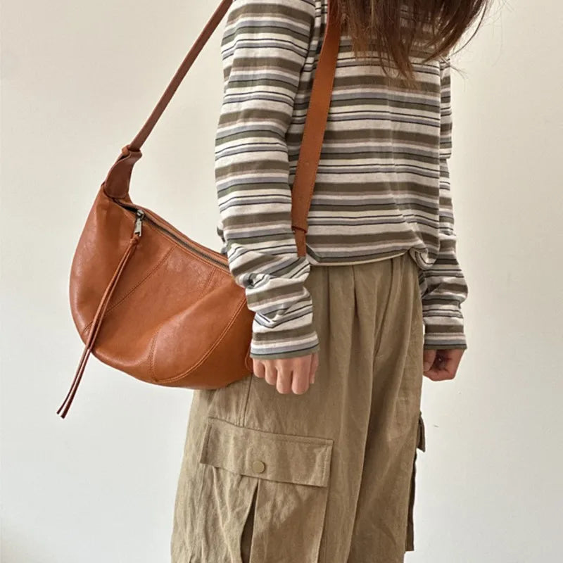 2026 New Genuine Leather Women's Bag Casual Solid Color Versatile Saddle Bag Soft Cowhide Shoulder Crossbody Bags