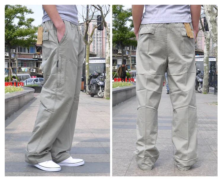 Spring Men cargo cotton pants pocket large size big 8XL 10XL 9XL 140KG loose out door casual safari style pants black 46 48 50