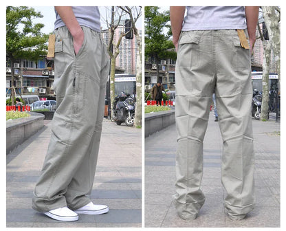 Spring Men cargo cotton pants pocket large size big 8XL 10XL 9XL 140KG loose out door casual safari style pants black 46 48 50