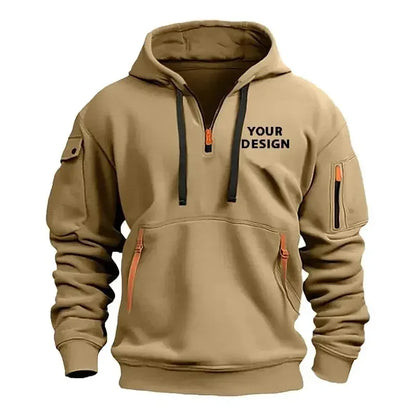 New Men's Sports Zipper Sweater, Loose Casual Sportswear with Arm Pockets, Customized Hooded Jacket with Your Logo