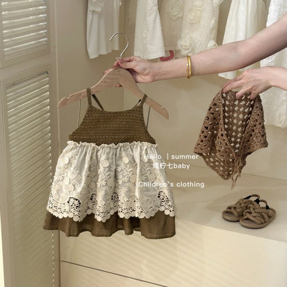 Summer Girls Casual Dresses with Hat Children's Clothing 2025 New Girls' Hollow Out Sleeveless Skirt Children's Lace Dress