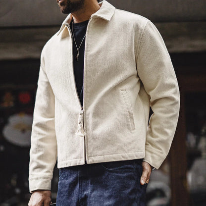 Men's Vintage White Jacket Heavyweight Cotton Turn-Down Collar Zip-Up Short Outwear Canvas Fitted Fit Spring Autumn Coat