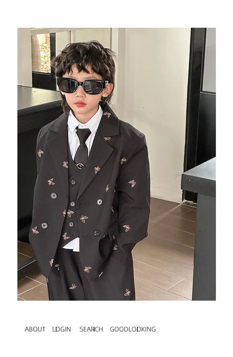 Boys Loose Blazer Jacket Waistcoat Pants Clothes Sets Kids Formal Dress  Suits Casual Child Toddler Party Butterfly Leisure Suit