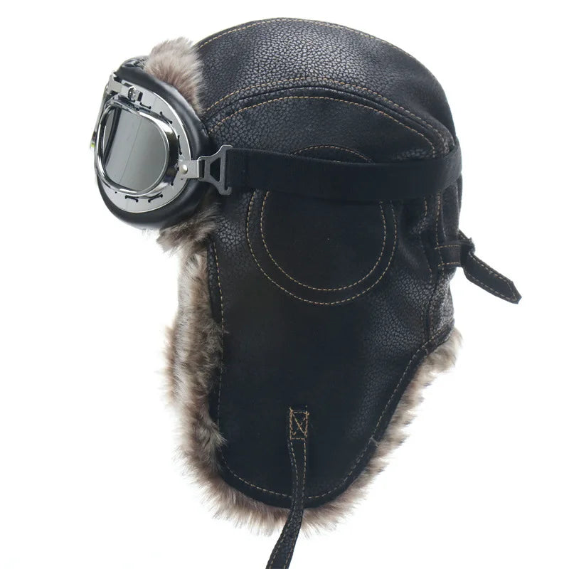 Men Winter Bomber Hat With Goggles Outdoor Motorcycle Windproof Warm Faux Fur Pilot Earflap Hat Leather Thermal Ushanka