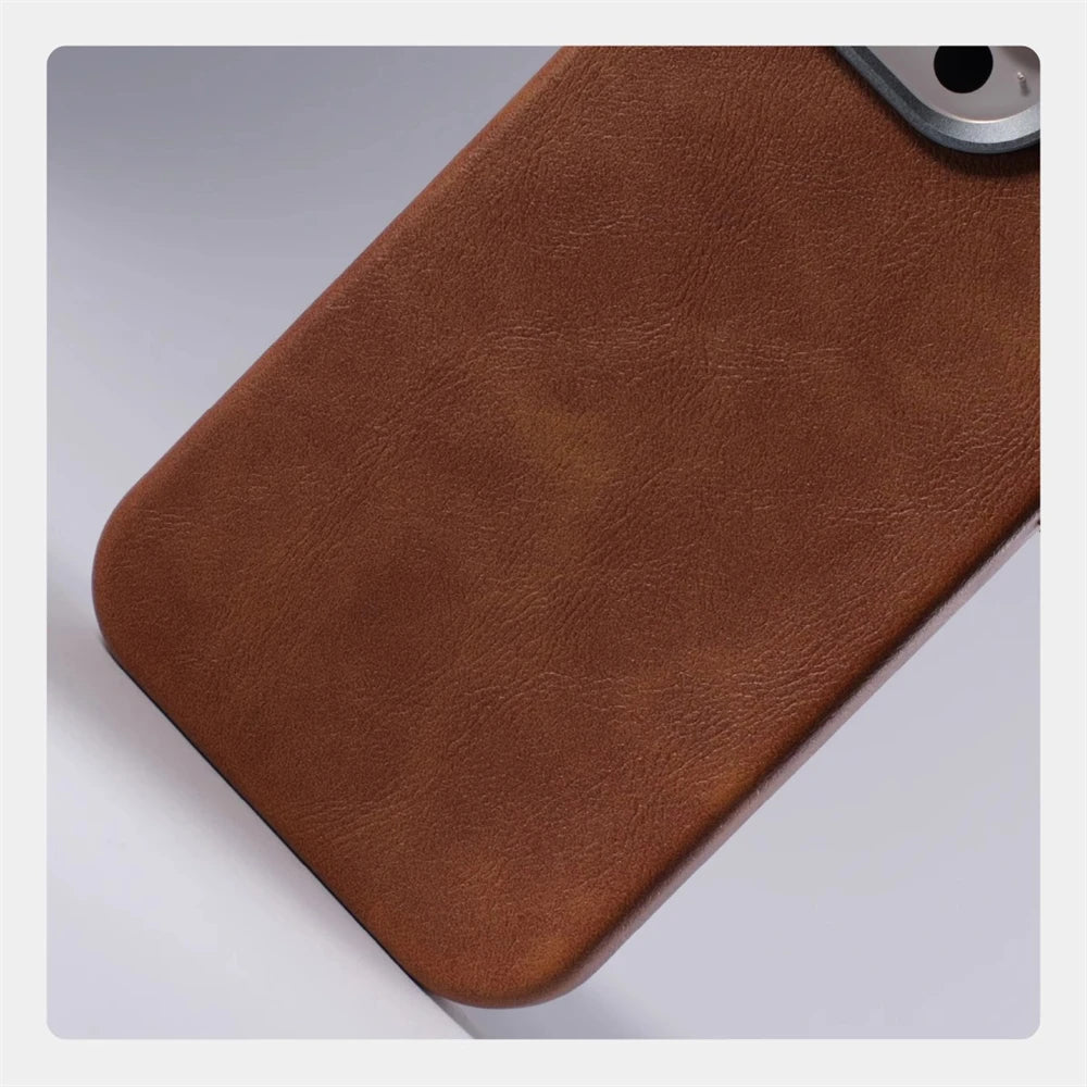 Luxury Business Retro Leather Magnetic Case For iPhone 17 Pro Max 16 Plus 15 14 13 MagSafe Alloy Lens Wireless Charging Cover