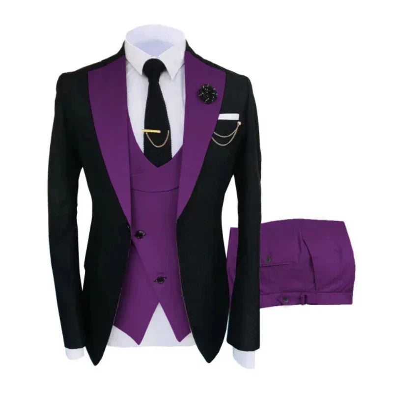 Men Suits 3 Pieces Tailored Best Man Groom Wedding Tuxedo Slim Fit Jacquard Two-color Blazer Jacket  Vest Pants Tuxedo Clothing