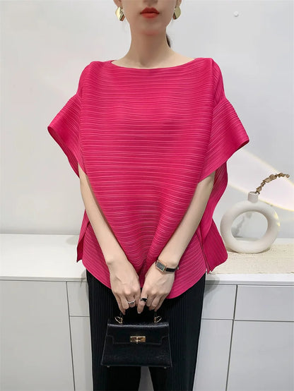 2025 Summer T-shirt Miyake Comfortable Casual Loose Pleated Top Women Short Sleeve Slim Commuter Office Clothes Wrinkle-Free