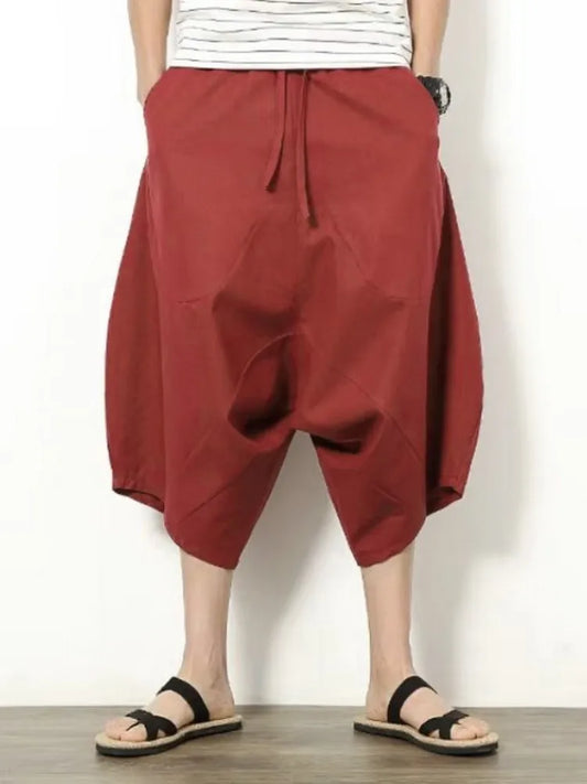 Summer Men's Japanese Samurai Boho Summer Harem Shorts Hakama Linen Cotton Pants 5 Colors Loose Fit Short Pants Big Size