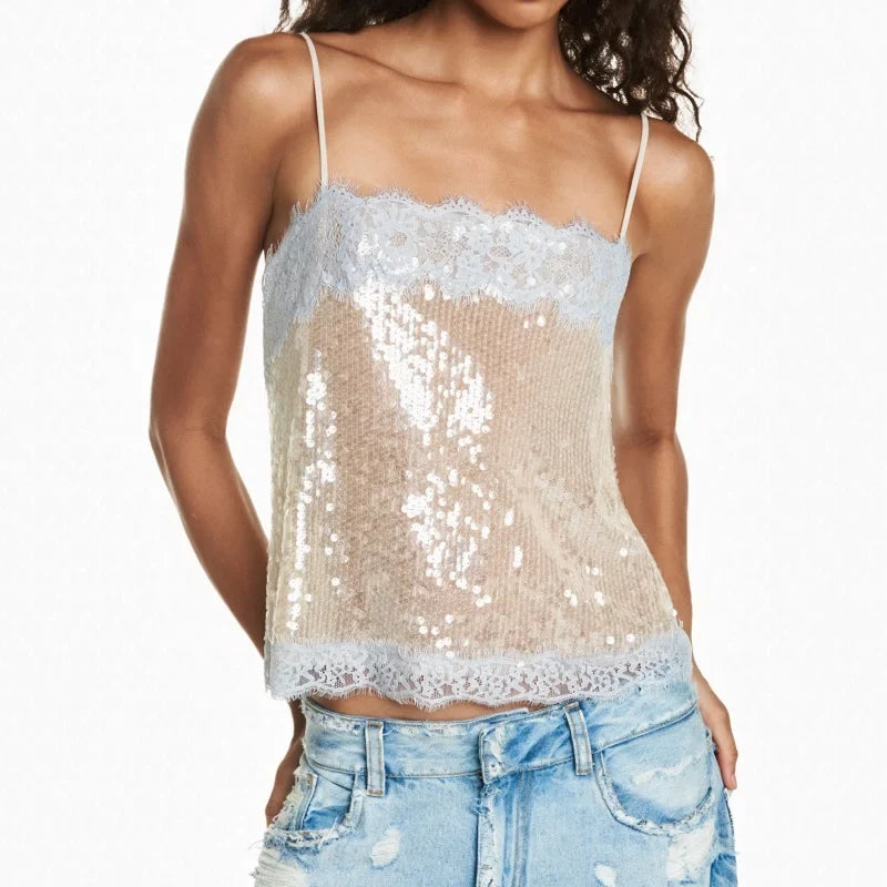 Women's Lace Trim Sequin Tank Top Spaghetti Straps Sparkly Cami Top Scallop Hem Rave Outfits  ﻿
