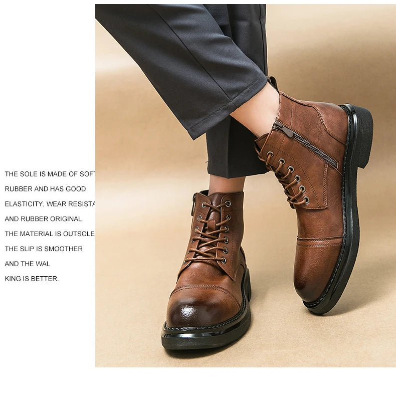 Men Black Leather Boots Casual Lace Up Leather Shoes Size 39-46