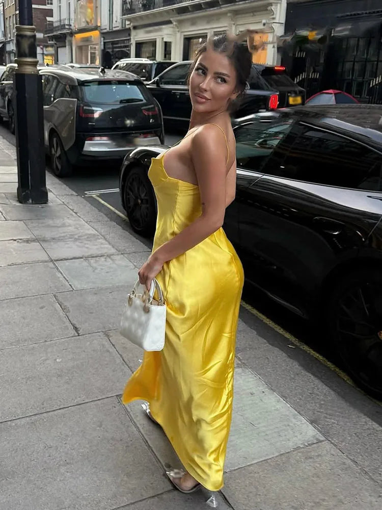 2025 Women Red V-Neck Holiday Style Satin Texture Long Dress Sleeveless Summer Women's Back Zipper Fashion Sling Dresses