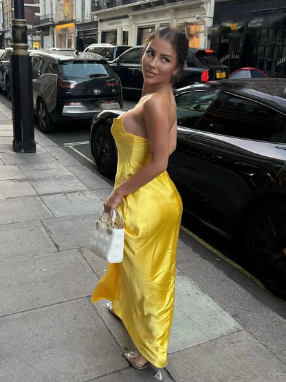 2025 Women Red V-Neck Holiday Style Satin Texture Long Dress Sleeveless Summer Women's Back Zipper Fashion Sling Dresses