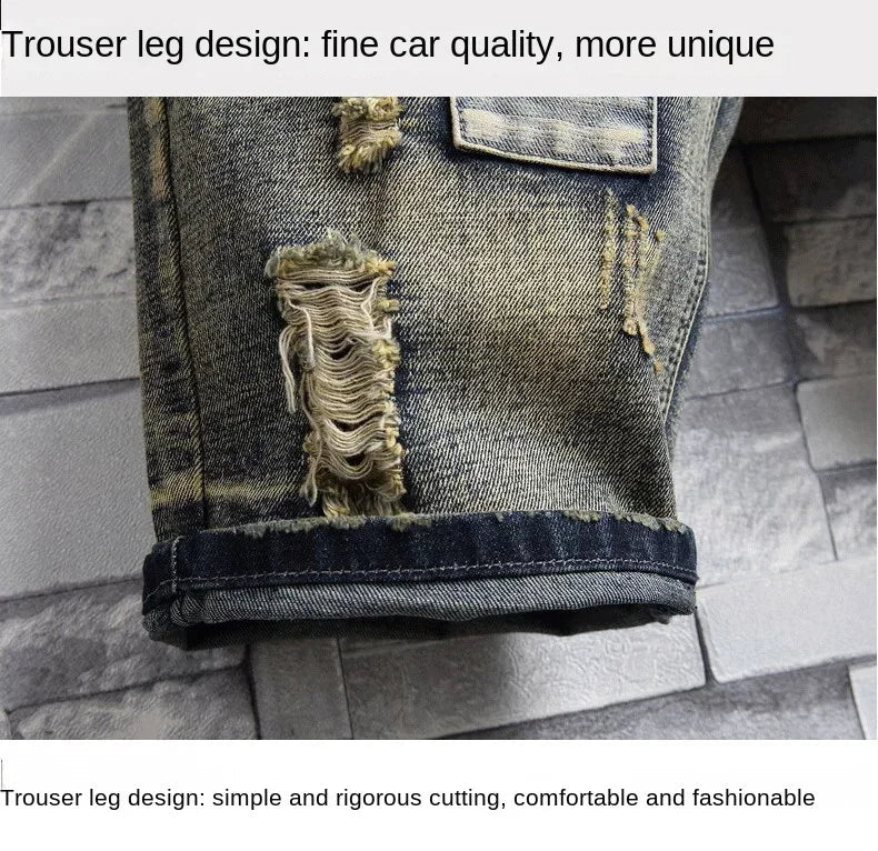 Ripped Short Jeans Men Vintage Denim Shorts Straight Hole Patch Plaid Hip Hop Fashion Knee Length Pants Streetwear