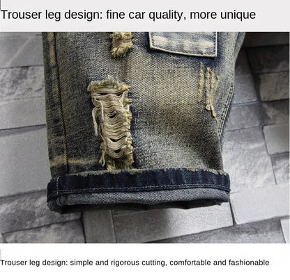 Ripped Short Jeans Men Vintage Denim Shorts Straight Hole Patch Plaid Hip Hop Fashion Knee Length Pants Streetwear